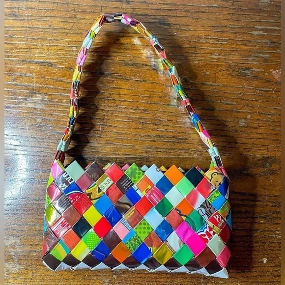 Colorful Candy Wrapper Woven Purse | Eco-Friendly Handmade Shoulder Bag - Picture 3 of 13